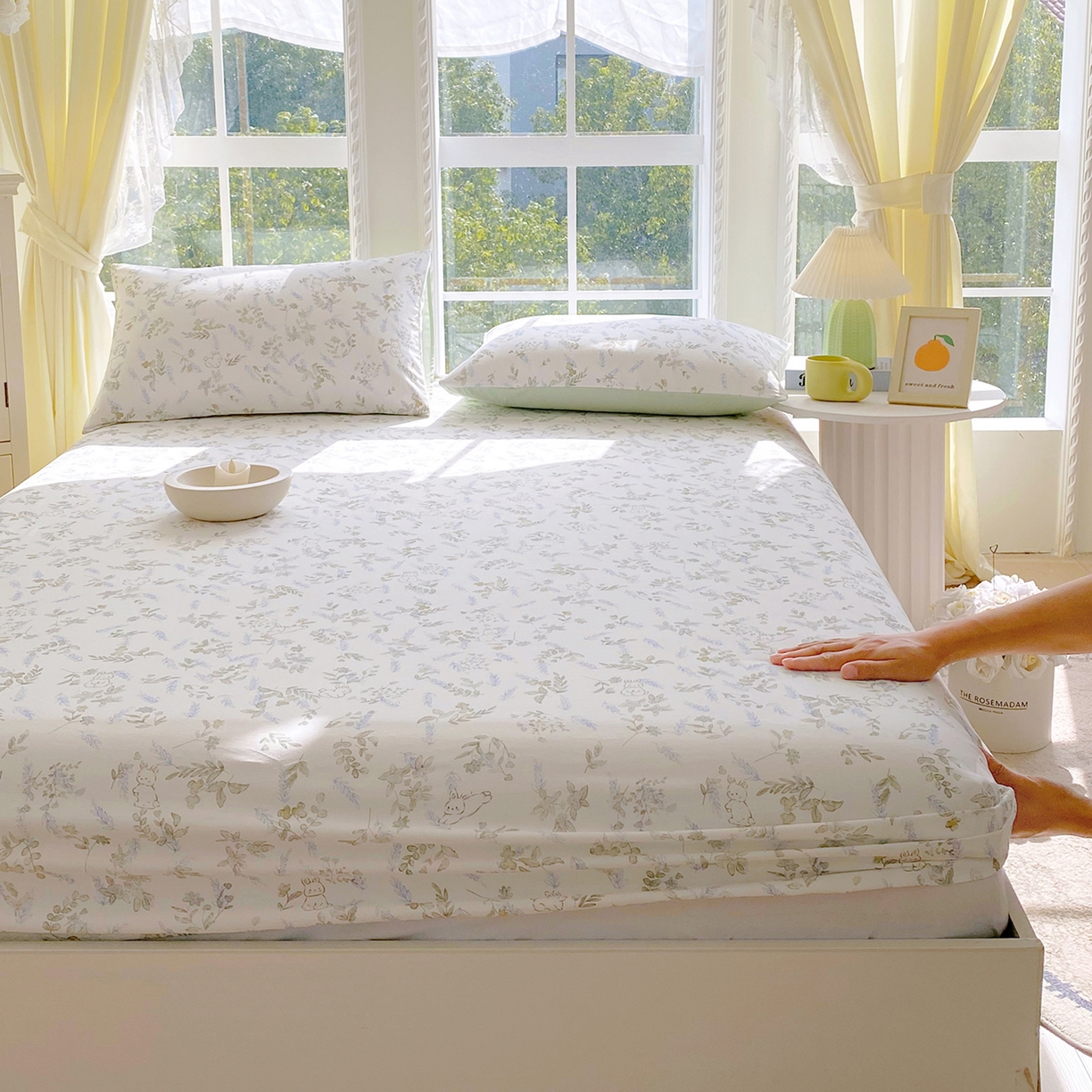 91家纺网 家纺一手货源 找家纺 小懒猪 2026新款全棉印花床笠 森屹兔眠