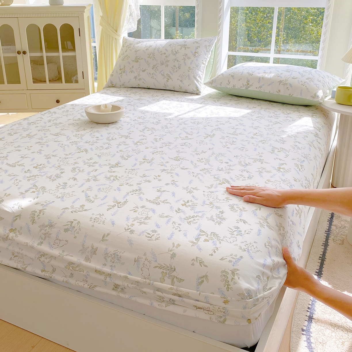 91家纺网 家纺一手货源 找家纺 小懒猪 2026新款全棉印花床笠 森屹兔眠