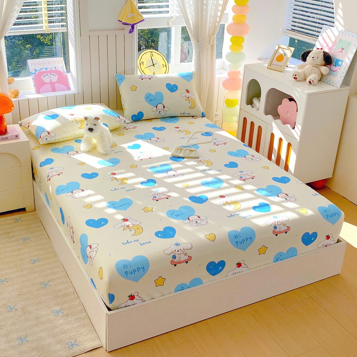 91家纺网 家纺一手货源 找家纺 小懒猪 2026新款全棉印花床笠 童梦汪旅