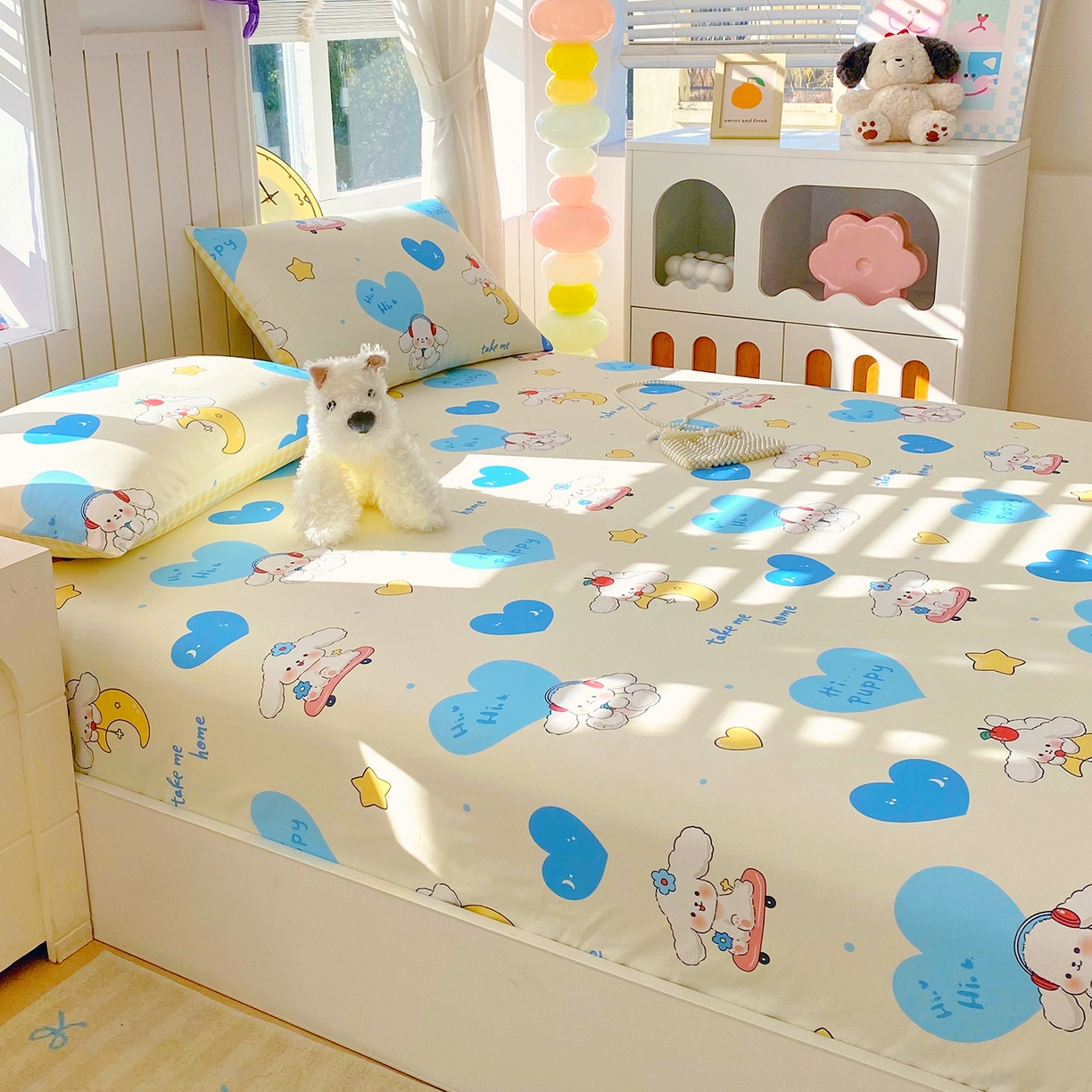 91家纺网 家纺一手货源 找家纺 小懒猪 2026新款全棉印花床笠 童梦汪旅