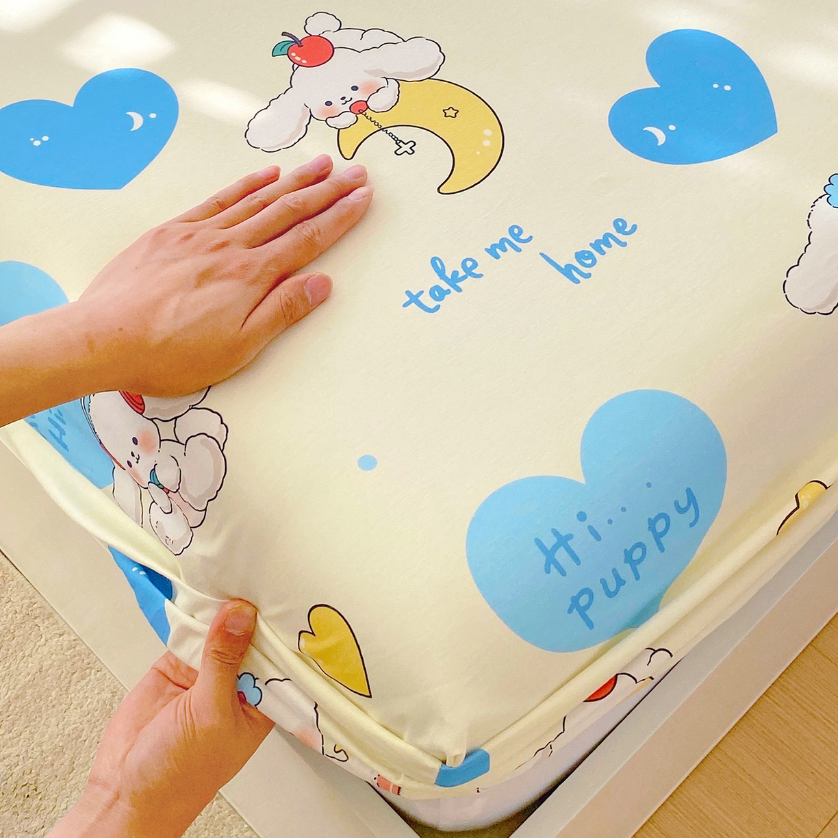 91家纺网 家纺一手货源 找家纺 小懒猪 2026新款全棉印花床笠 童梦汪旅