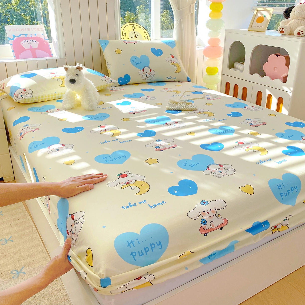 91家纺网 家纺一手货源 找家纺 小懒猪 2026新款全棉印花床笠 童梦汪旅