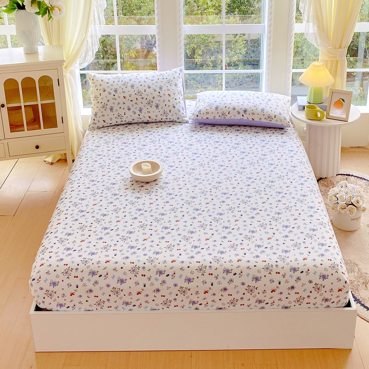 91家纺网 家纺一手货源 找家纺 小懒猪 2026新款全棉印花床笠 雾蓝花簇