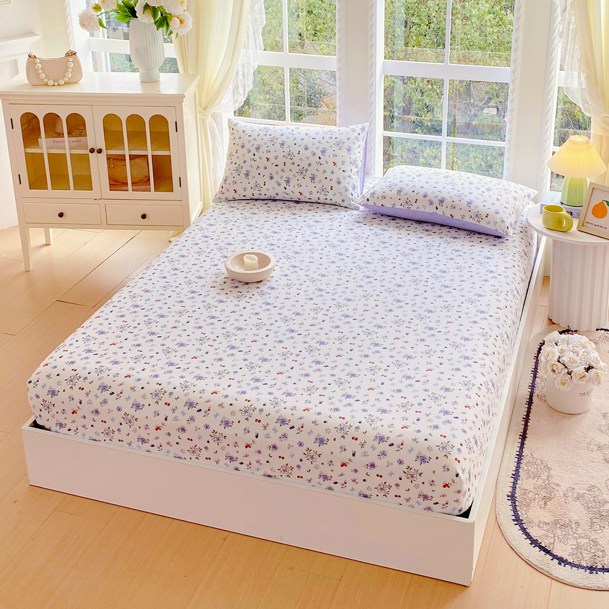 91家纺网 家纺一手货源 找家纺 小懒猪 2026新款全棉印花床笠 雾蓝花簇