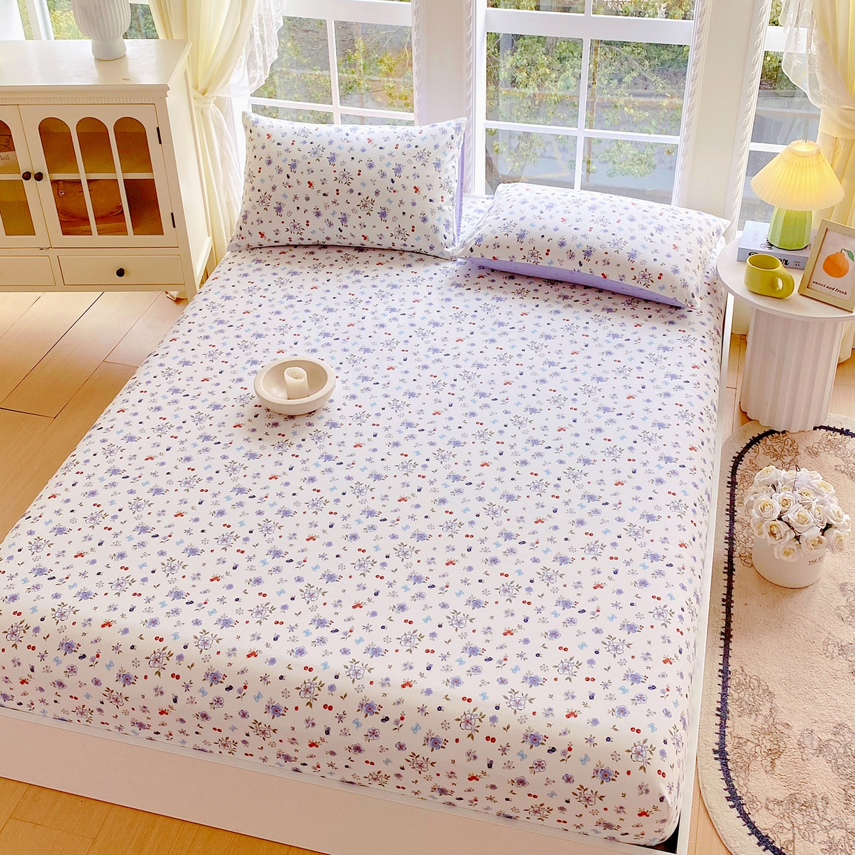 91家纺网 家纺一手货源 找家纺 小懒猪 2026新款全棉印花床笠 雾蓝花簇