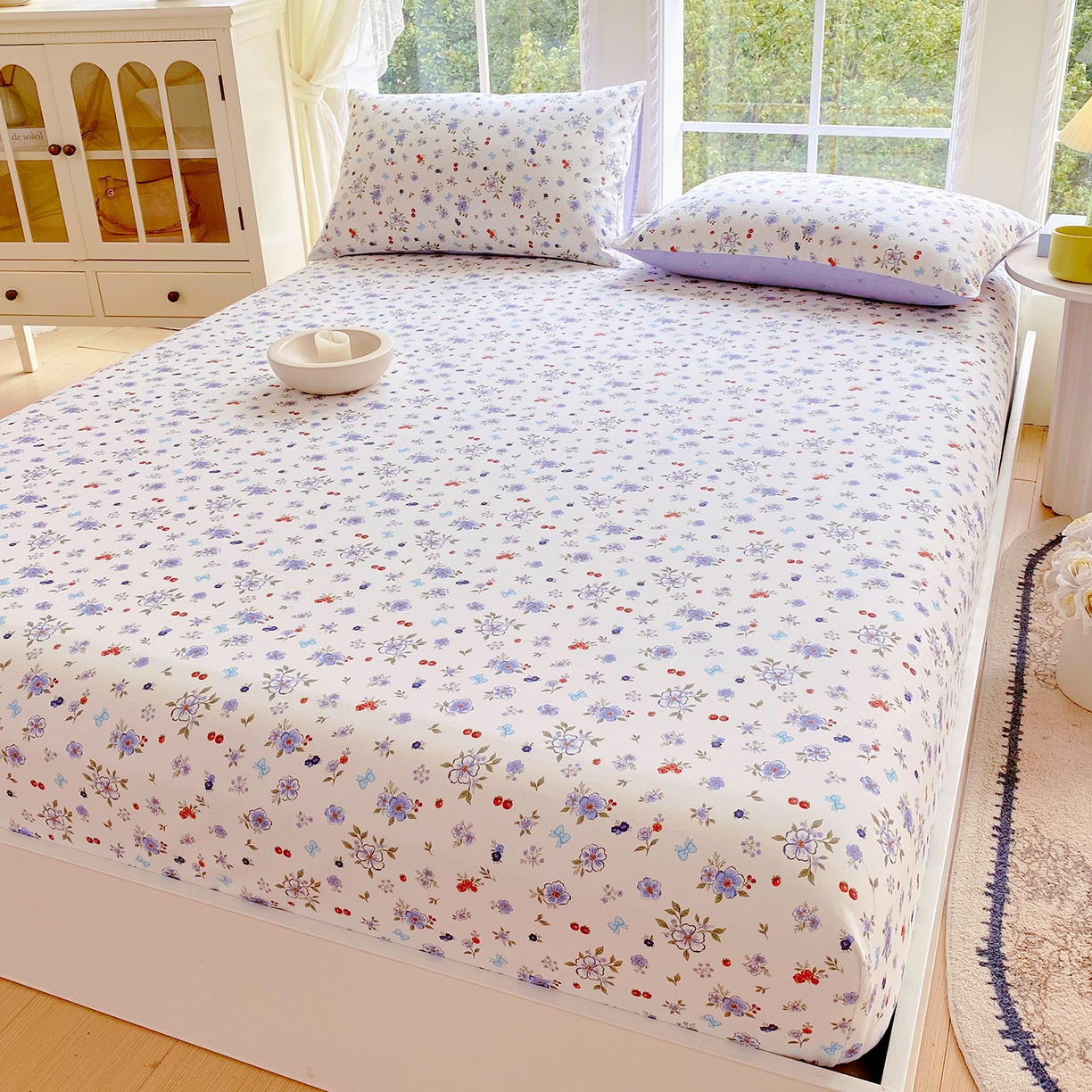 91家纺网 家纺一手货源 找家纺 小懒猪 2026新款全棉印花床笠 雾蓝花簇