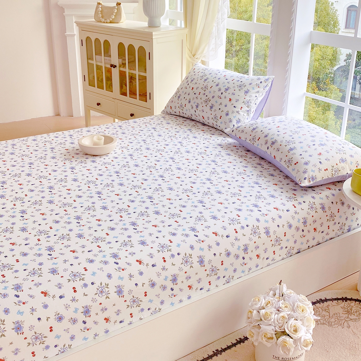 91家纺网 家纺一手货源 找家纺 小懒猪 2026新款全棉印花床笠 雾蓝花簇