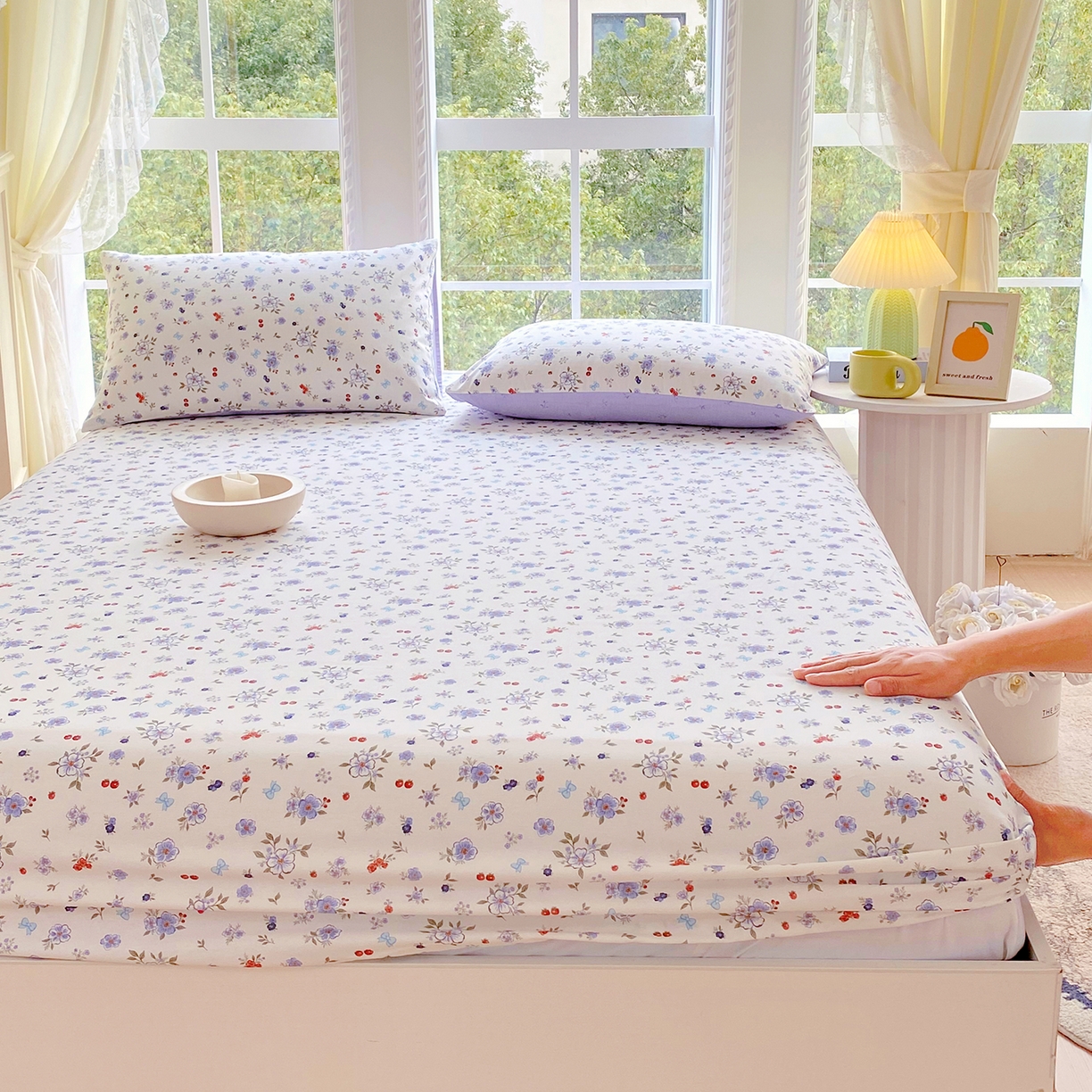 91家纺网 家纺一手货源 找家纺 小懒猪 2026新款全棉印花床笠 雾蓝花簇