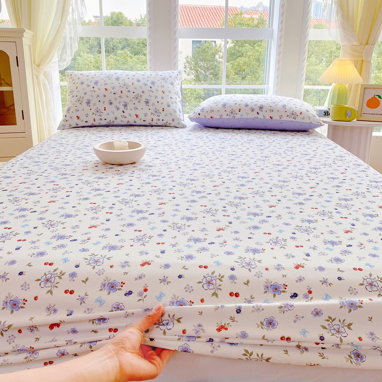 91家纺网 家纺一手货源 找家纺 小懒猪 2026新款全棉印花床笠 雾蓝花簇