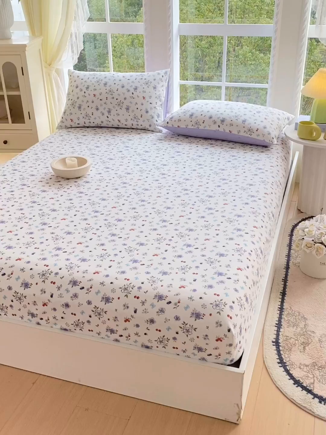 91家纺网 家纺一手货源 找家纺 小懒猪 2026新款全棉印花床笠 雾蓝花簇