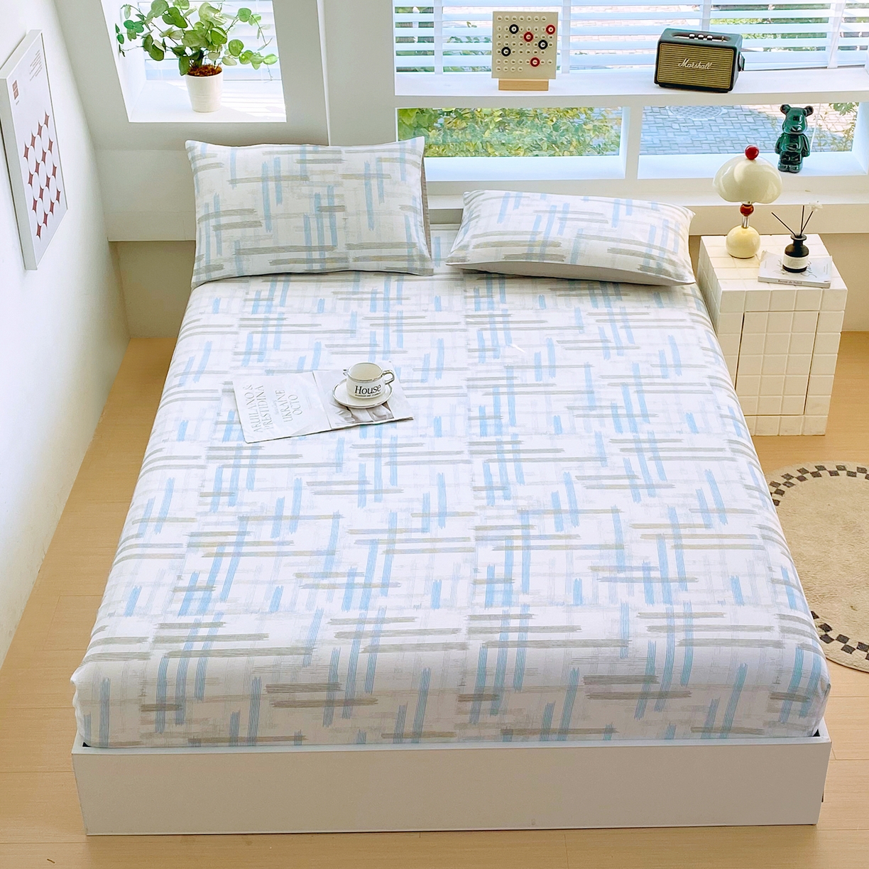 91家纺网 家纺一手货源 找家纺 小懒猪 2026新款全棉印花床笠 线影轻痕