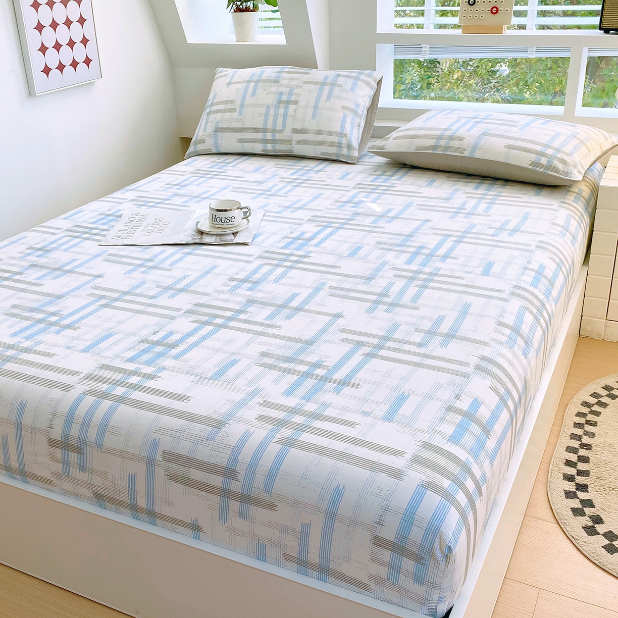 91家纺网 家纺一手货源 找家纺 小懒猪 2026新款全棉印花床笠 线影轻痕