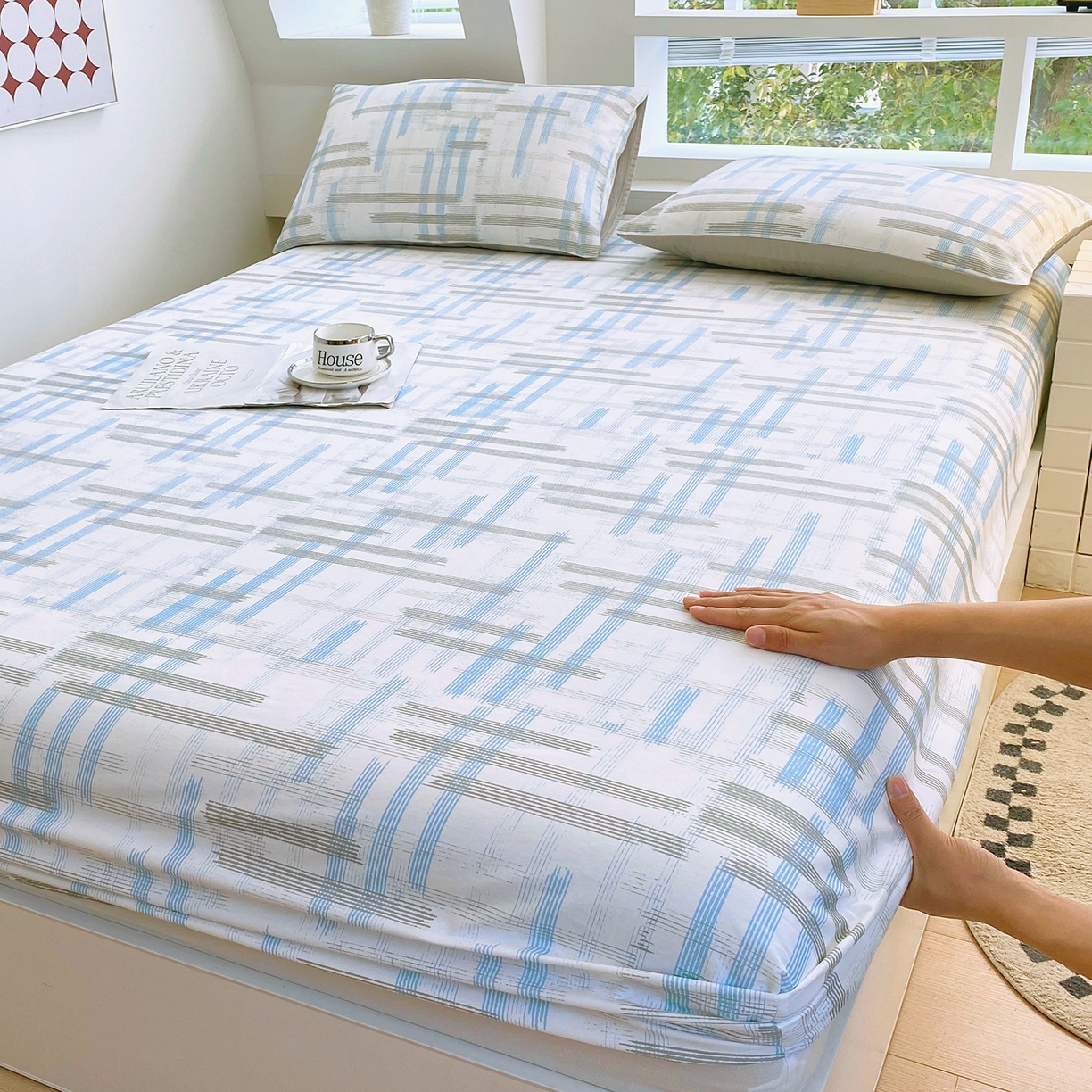 91家纺网 家纺一手货源 找家纺 小懒猪 2026新款全棉印花床笠 线影轻痕