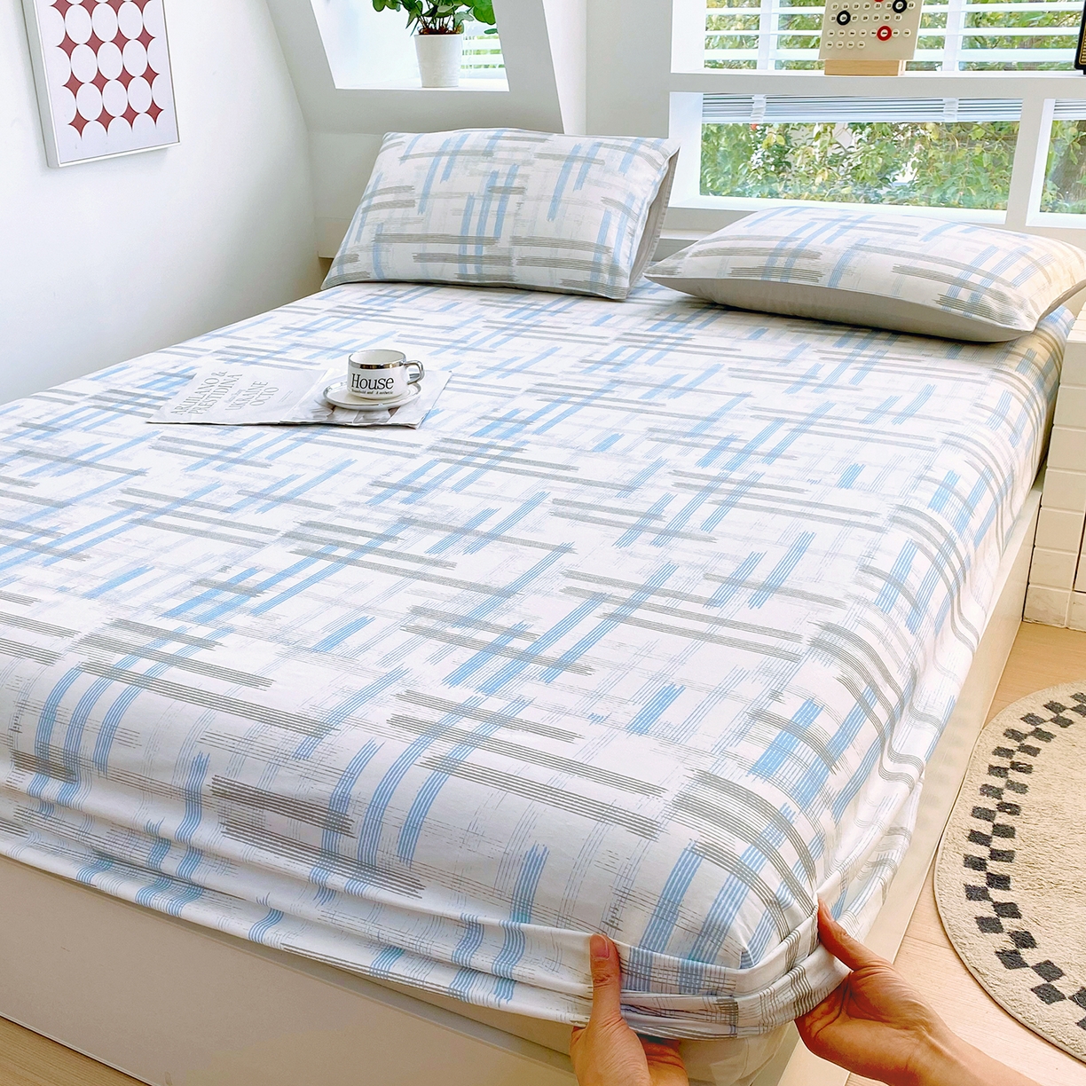 91家纺网 家纺一手货源 找家纺 小懒猪 2026新款全棉印花床笠 线影轻痕