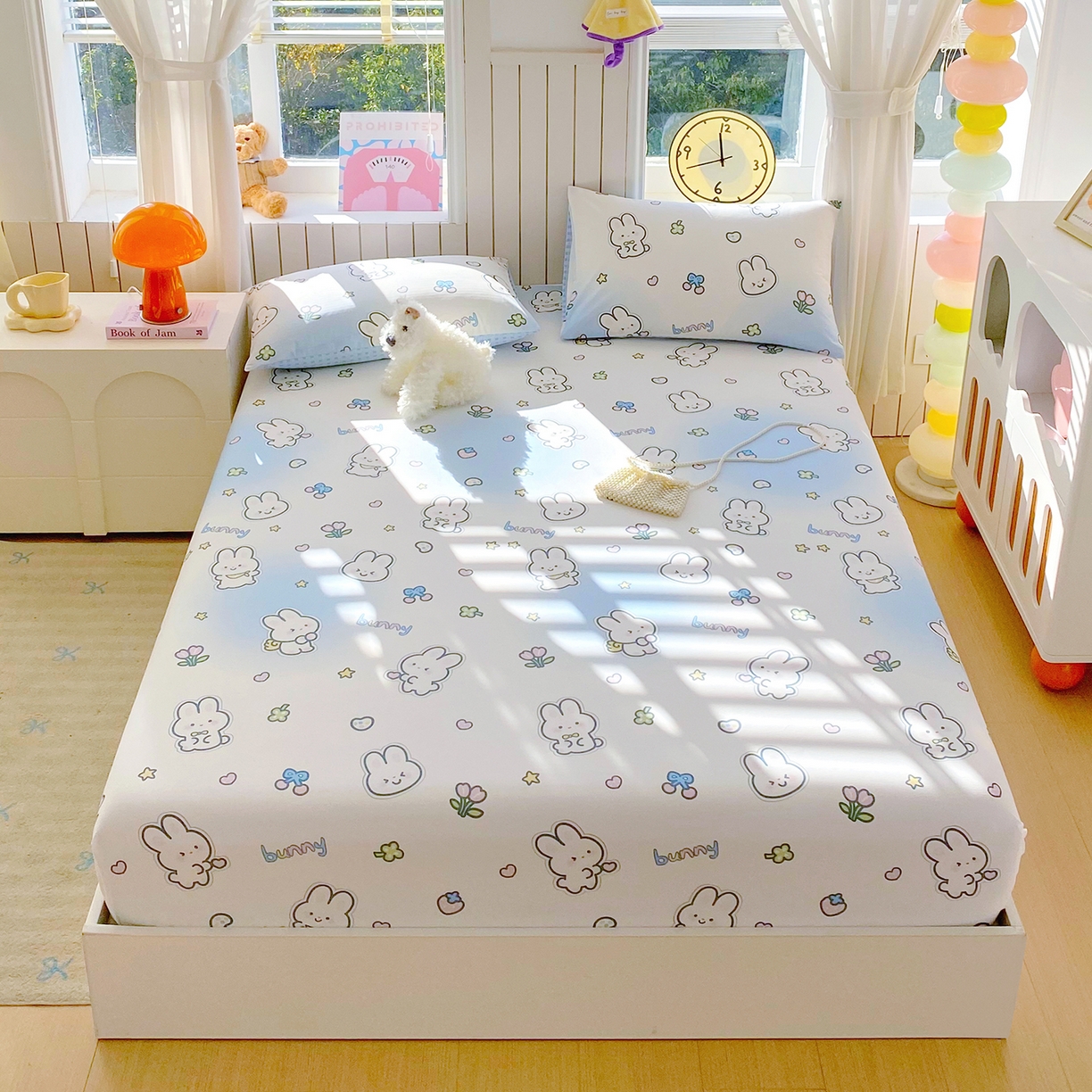 91家纺网 家纺一手货源 找家纺 小懒猪 2026新款全棉印花床笠 星兔软糖