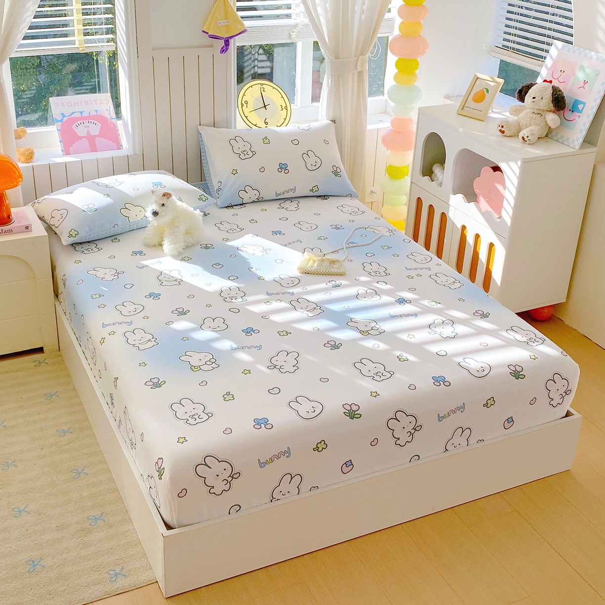 91家纺网 家纺一手货源 找家纺 小懒猪 2026新款全棉印花床笠 星兔软糖