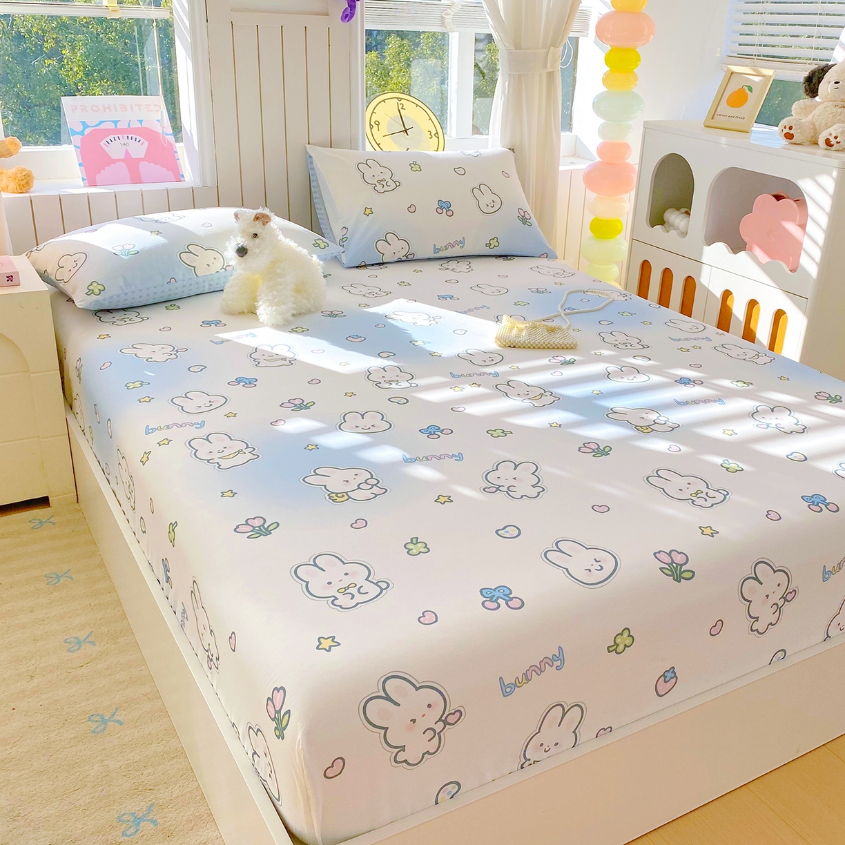 91家纺网 家纺一手货源 找家纺 小懒猪 2026新款全棉印花床笠 星兔软糖