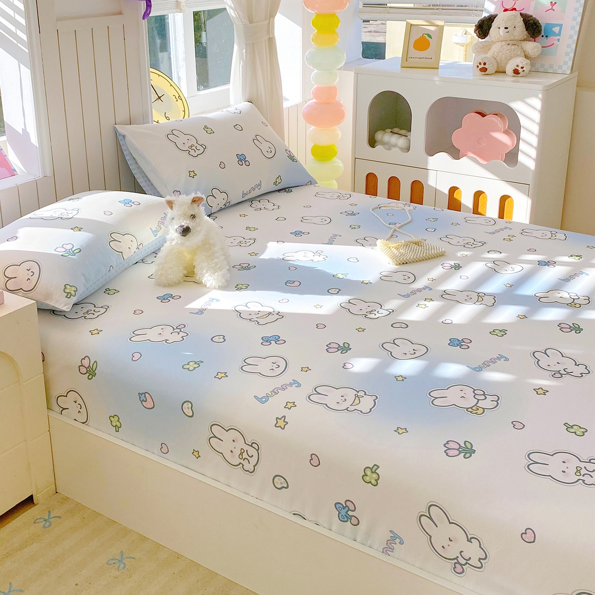 91家纺网 家纺一手货源 找家纺 小懒猪 2026新款全棉印花床笠 星兔软糖