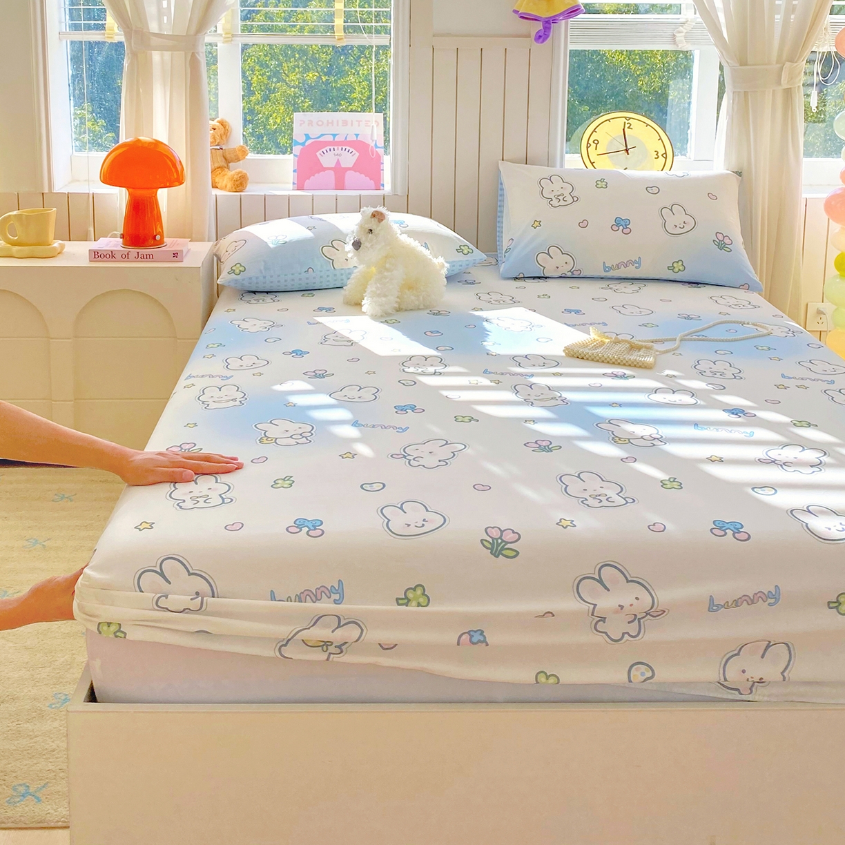 91家纺网 家纺一手货源 找家纺 小懒猪 2026新款全棉印花床笠 星兔软糖