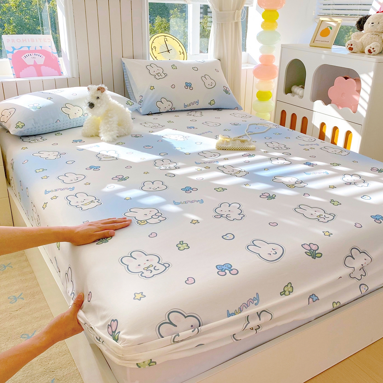 91家纺网 家纺一手货源 找家纺 小懒猪 2026新款全棉印花床笠 星兔软糖