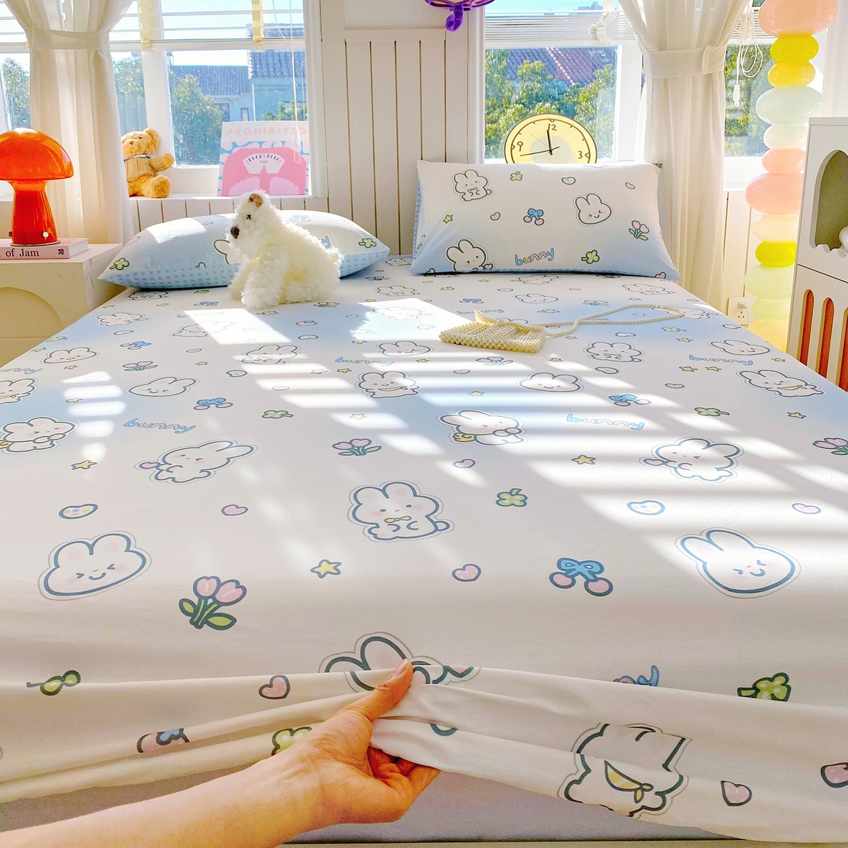 91家纺网 家纺一手货源 找家纺 小懒猪 2026新款全棉印花床笠 星兔软糖