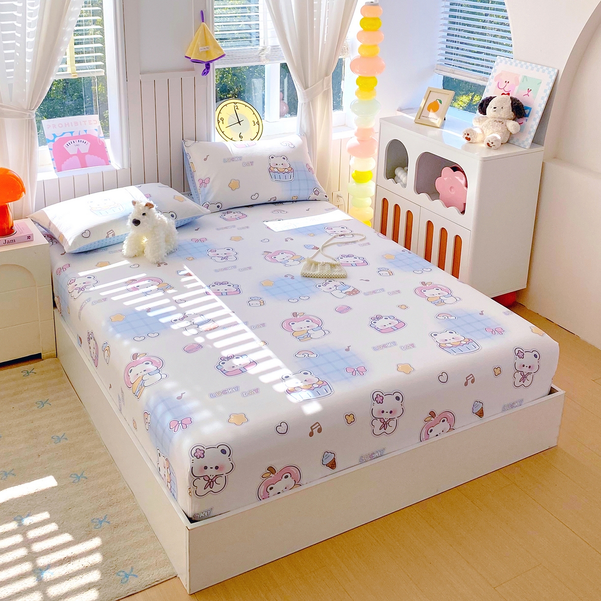 91家纺网 家纺一手货源 找家纺 小懒猪 2026新款全棉印花床笠 元气熊仔