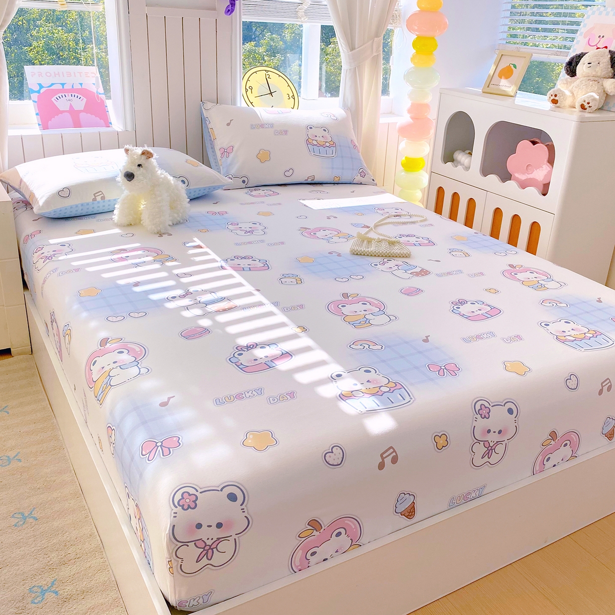 91家纺网 家纺一手货源 找家纺 小懒猪 2026新款全棉印花床笠 元气熊仔