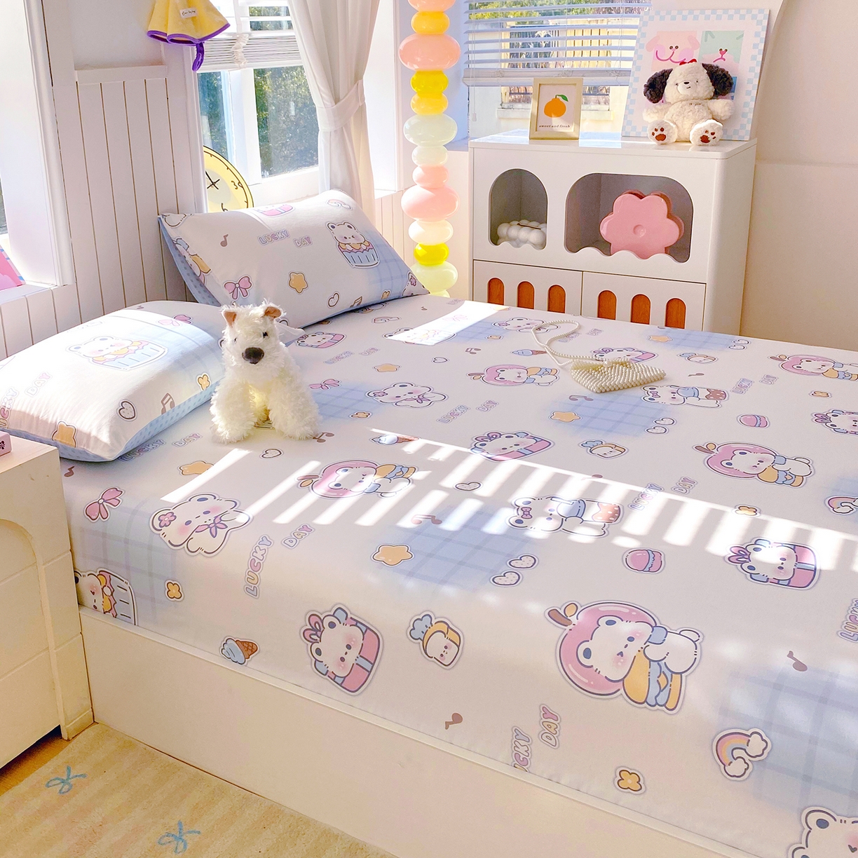 91家纺网 家纺一手货源 找家纺 小懒猪 2026新款全棉印花床笠 元气熊仔