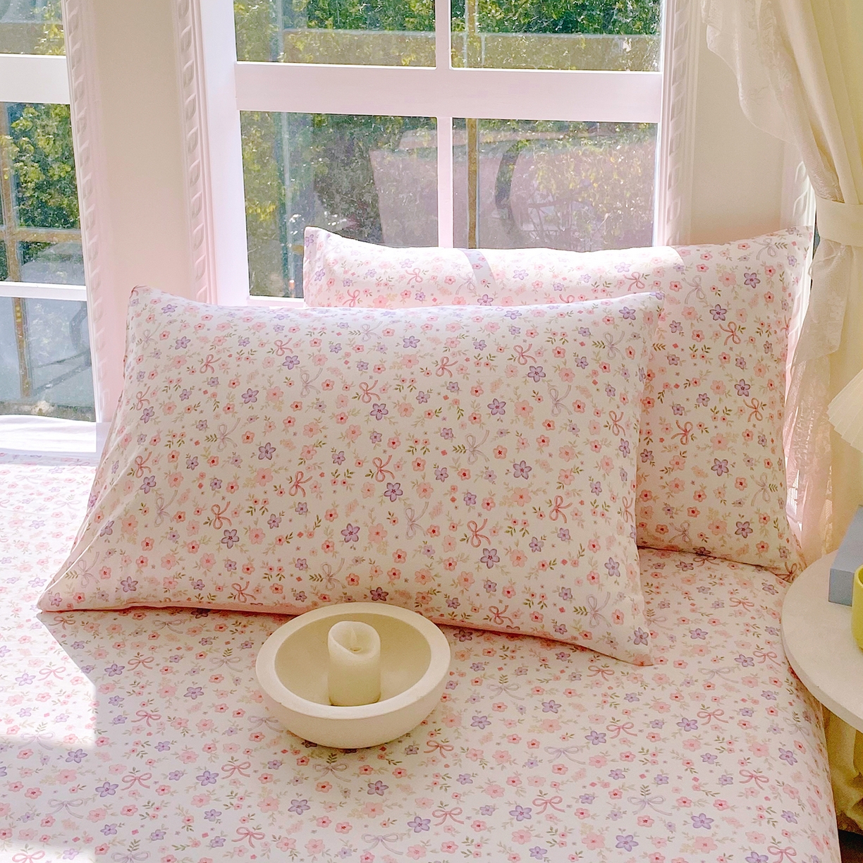 91家纺网 家纺一手货源 找家纺 小懒猪 2026新款全棉印花床笠 紫粉花漾