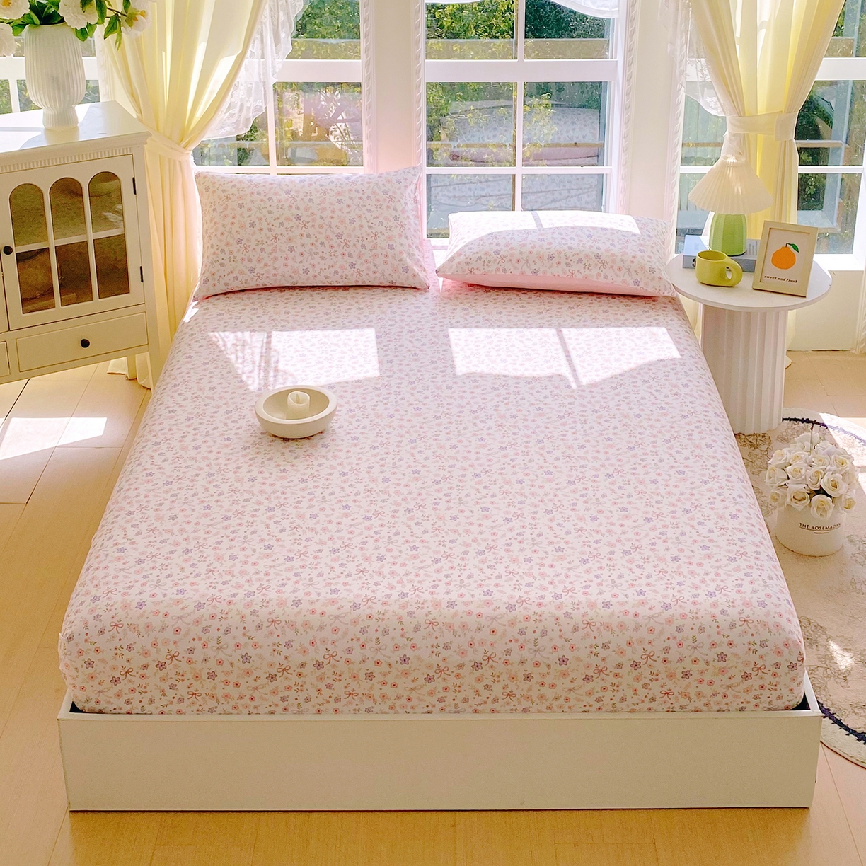 91家纺网 家纺一手货源 找家纺 小懒猪 2026新款全棉印花床笠 紫粉花漾