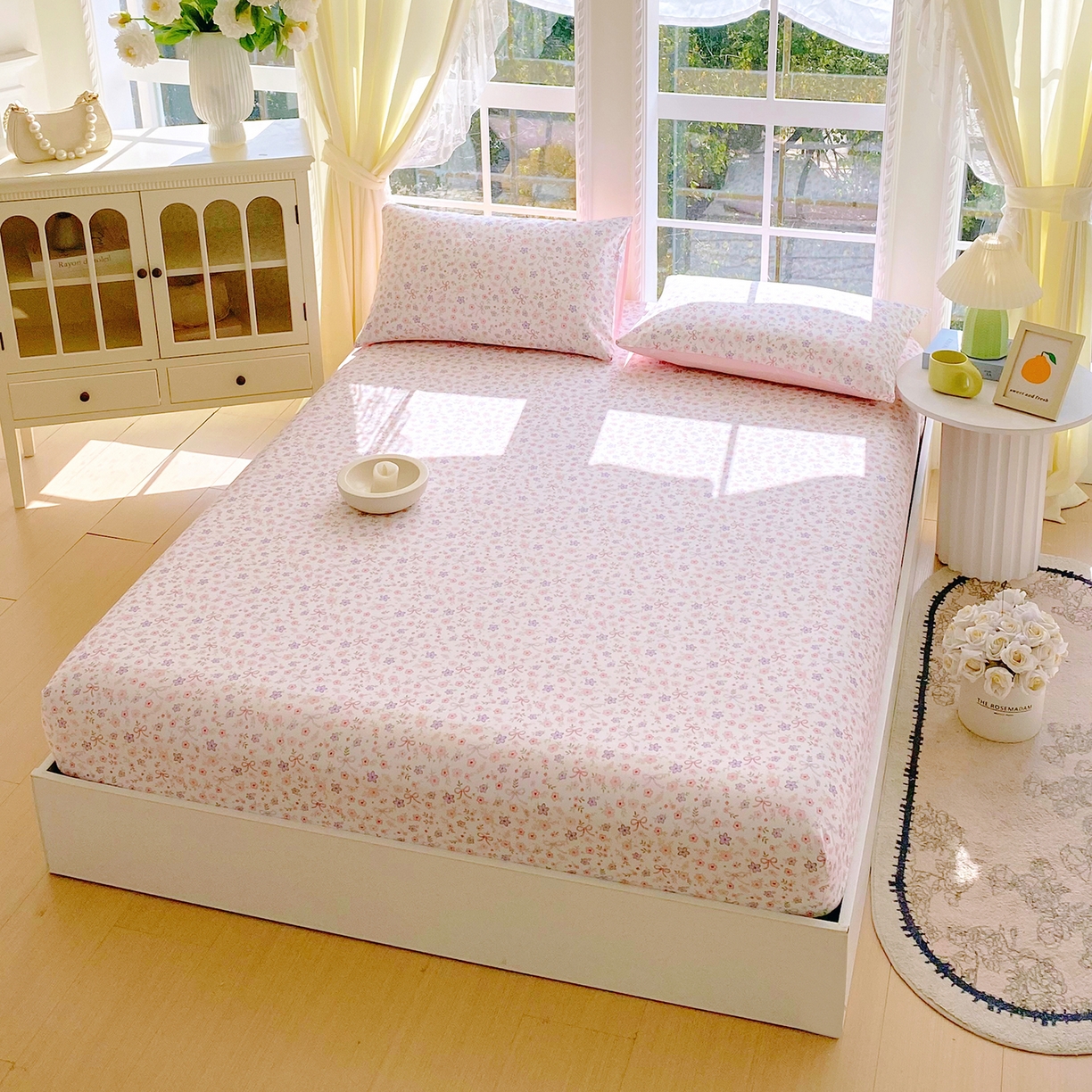 91家纺网 家纺一手货源 找家纺 小懒猪 2026新款全棉印花床笠 紫粉花漾