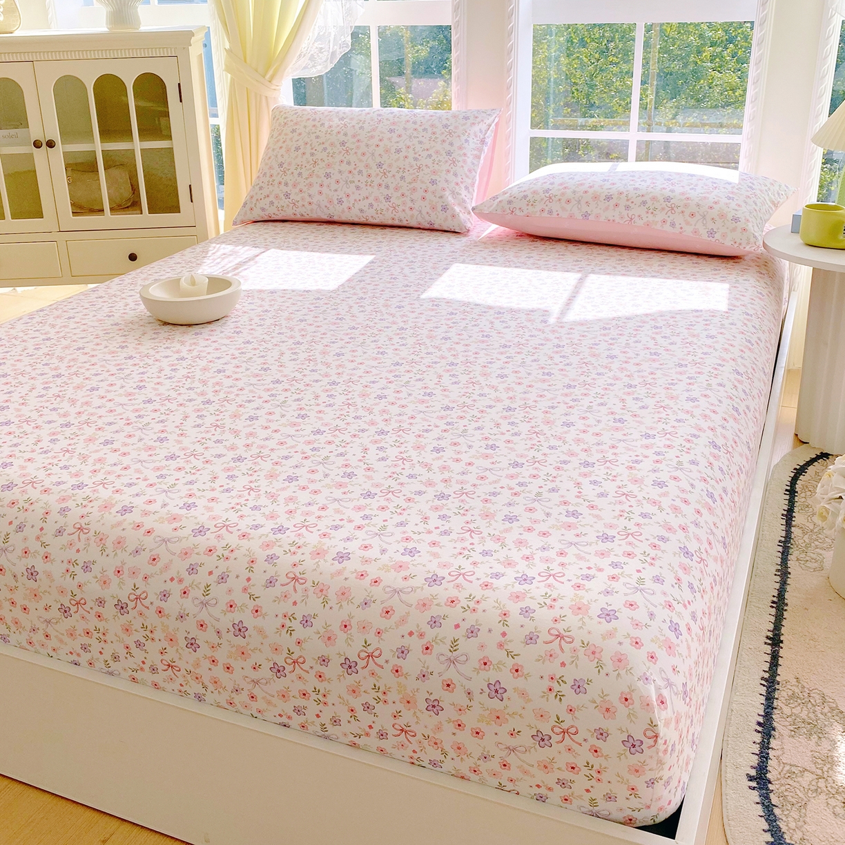 91家纺网 家纺一手货源 找家纺 小懒猪 2026新款全棉印花床笠 紫粉花漾