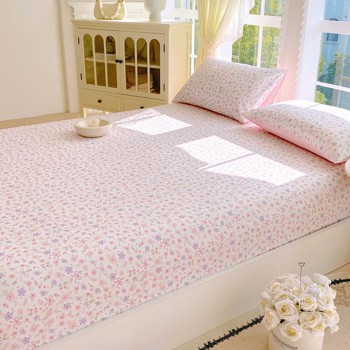 91家纺网 家纺一手货源 找家纺 小懒猪 2026新款全棉印花床笠 紫粉花漾