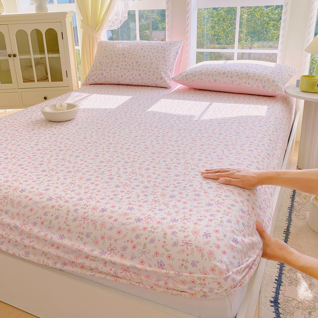 91家纺网 家纺一手货源 找家纺 小懒猪 2026新款全棉印花床笠 紫粉花漾