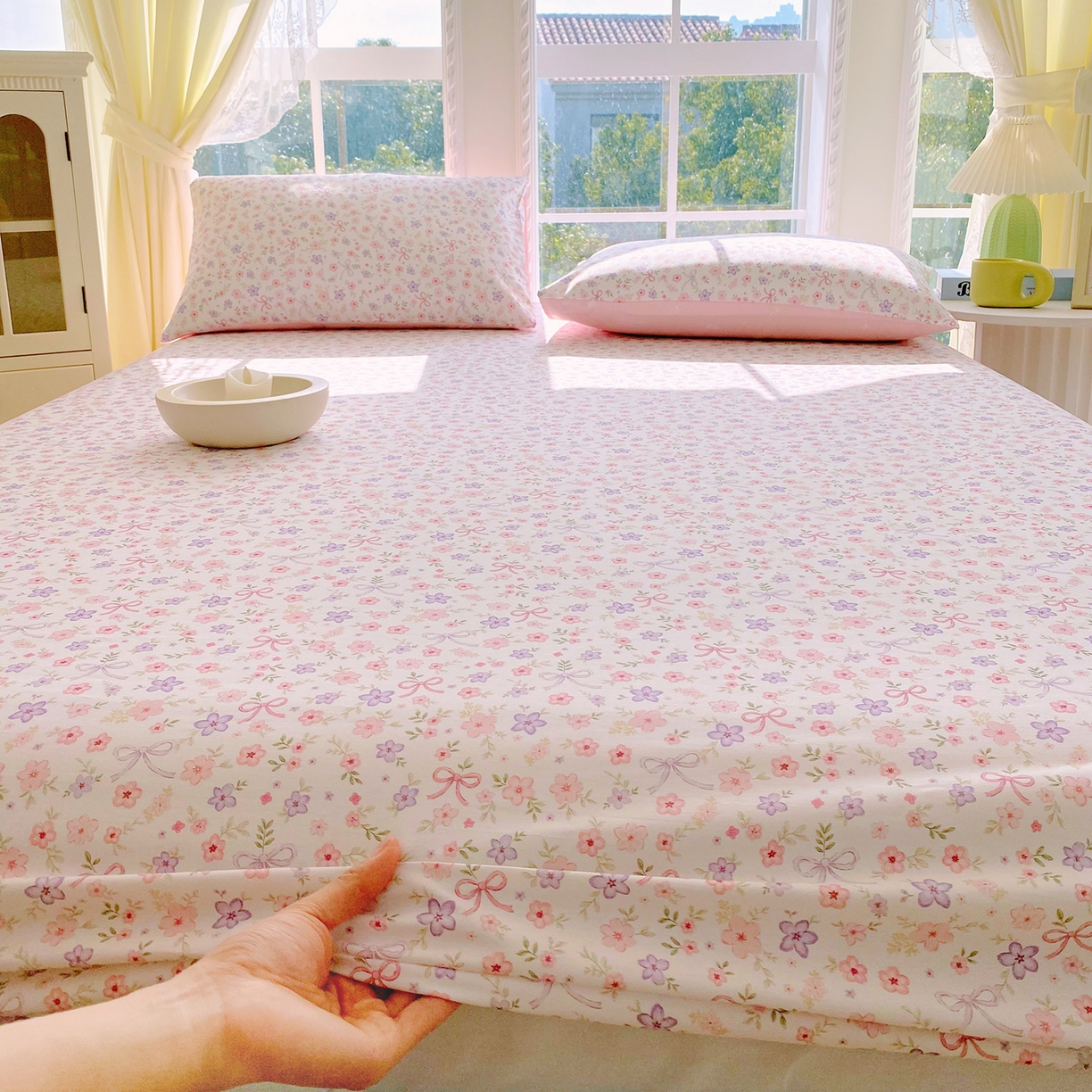 91家纺网 家纺一手货源 找家纺 小懒猪 2026新款全棉印花床笠 紫粉花漾