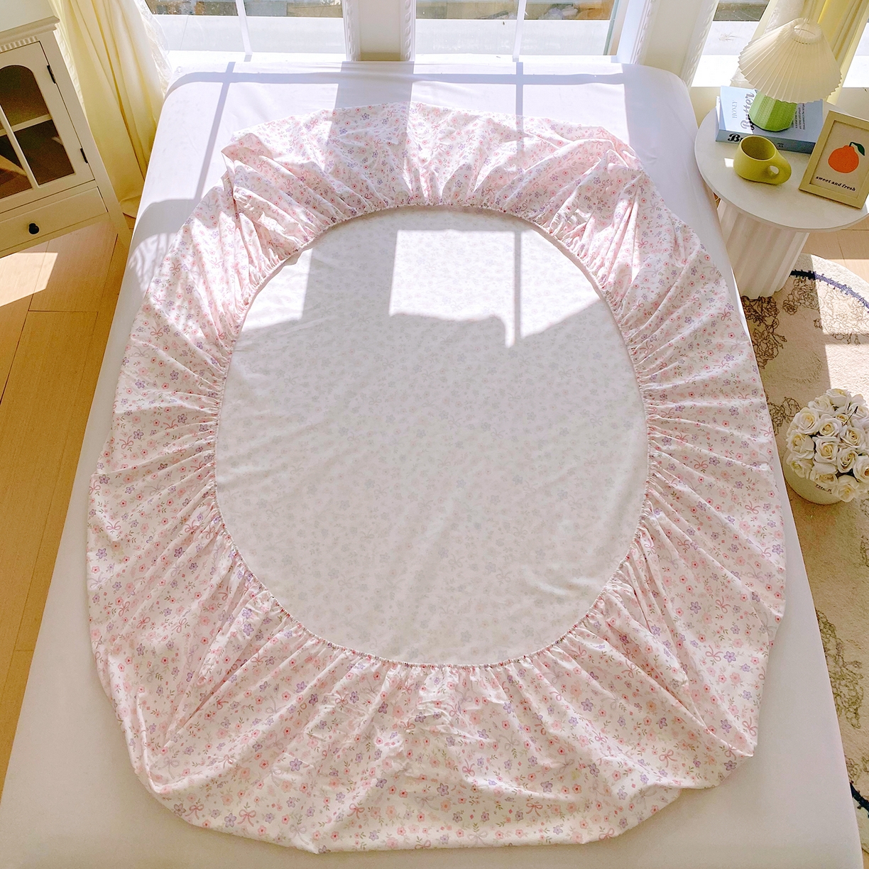 91家纺网 家纺一手货源 找家纺 小懒猪 2026新款全棉印花床笠 紫粉花漾