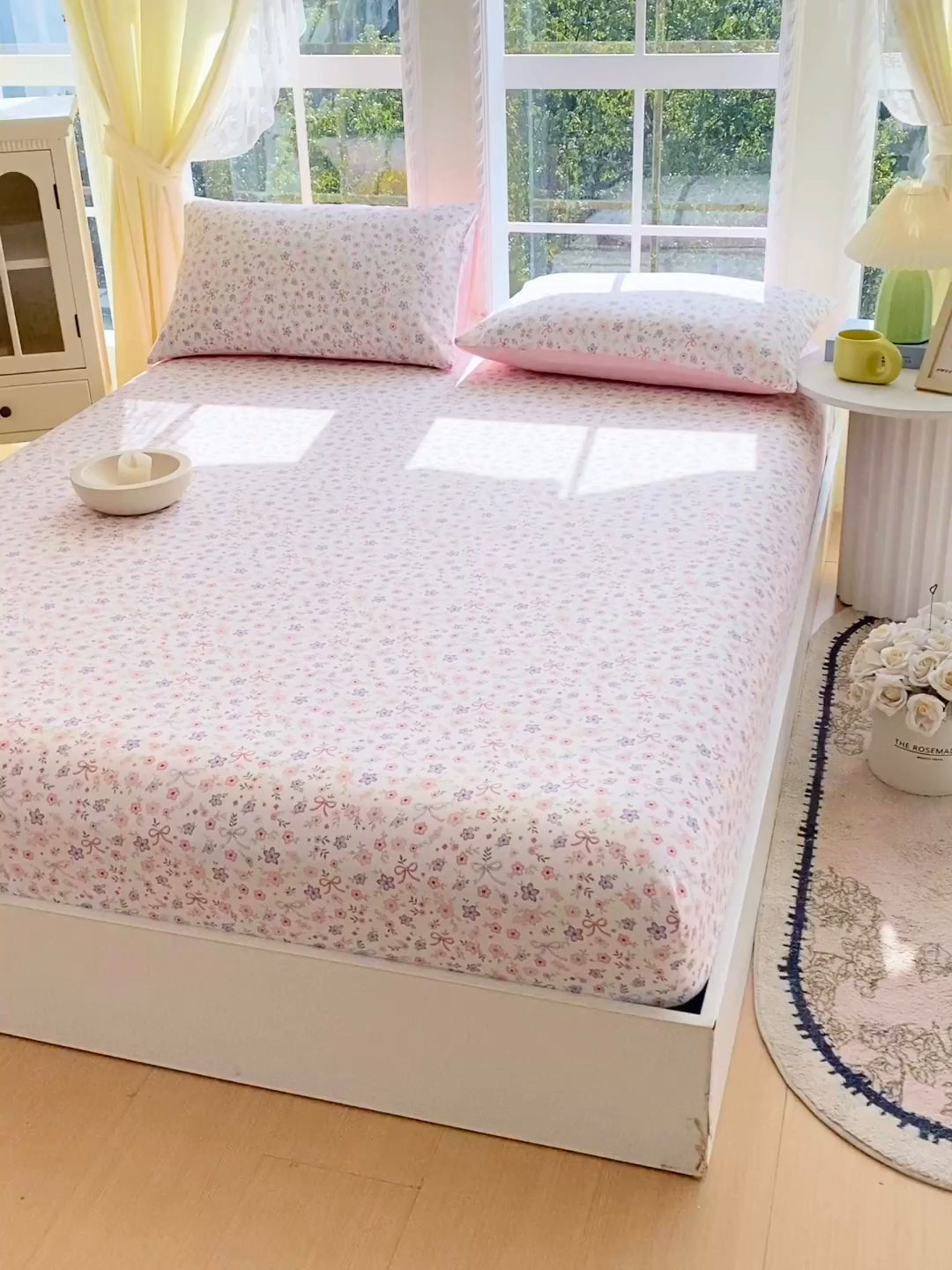 91家纺网 家纺一手货源 找家纺 小懒猪 2026新款全棉印花床笠 紫粉花漾