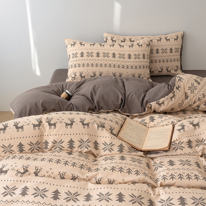 91家纺网 家纺一手货源 找家纺 竹合家纺 2025秋冬新款加厚磨毛色织暖绒系列针织四件套高克重麋鹿森林