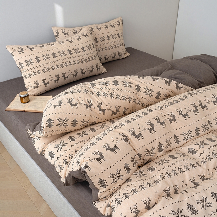 91家纺网 家纺一手货源 找家纺 竹合家纺 2025秋冬新款加厚磨毛色织暖绒系列针织四件套高克重麋鹿森林