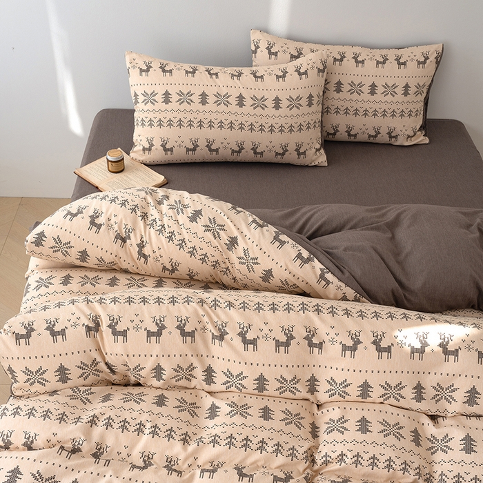 91家纺网 家纺一手货源 找家纺 竹合家纺 2025秋冬新款加厚磨毛色织暖绒系列针织四件套高克重麋鹿森林