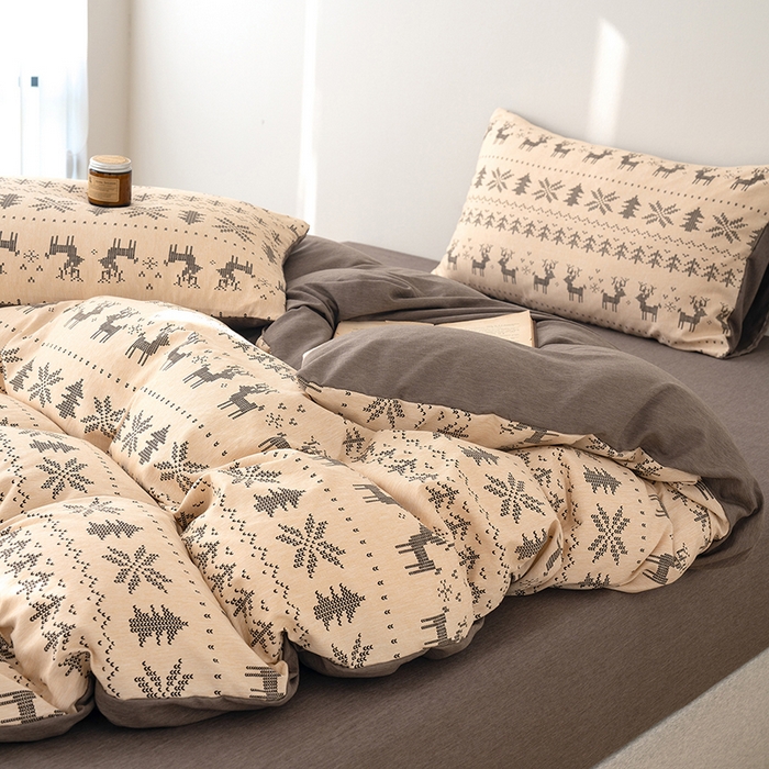 91家纺网 家纺一手货源 找家纺 竹合家纺 2025秋冬新款加厚磨毛色织暖绒系列针织四件套高克重麋鹿森林