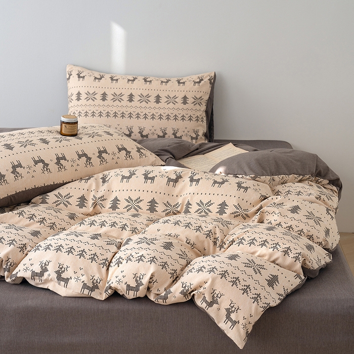 91家纺网 家纺一手货源 找家纺 竹合家纺 2025秋冬新款加厚磨毛色织暖绒系列针织四件套高克重麋鹿森林