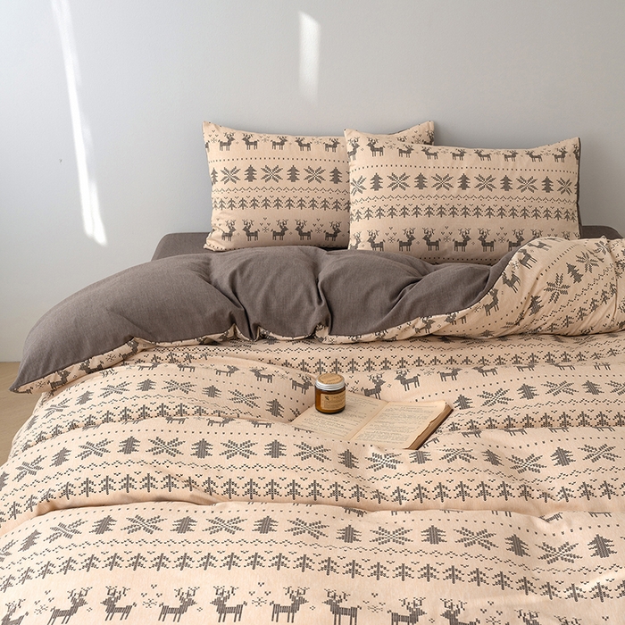 91家纺网 家纺一手货源 找家纺 竹合家纺 2025秋冬新款加厚磨毛色织暖绒系列针织四件套高克重麋鹿森林