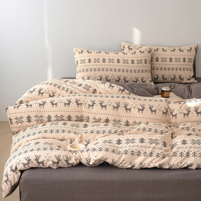 91家纺网 家纺一手货源 找家纺 竹合家纺 2025秋冬新款加厚磨毛色织暖绒系列针织四件套高克重麋鹿森林