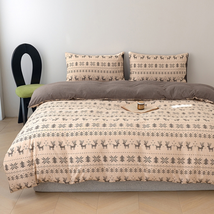 91家纺网 家纺一手货源 找家纺 竹合家纺 2025秋冬新款加厚磨毛色织暖绒系列针织四件套高克重麋鹿森林