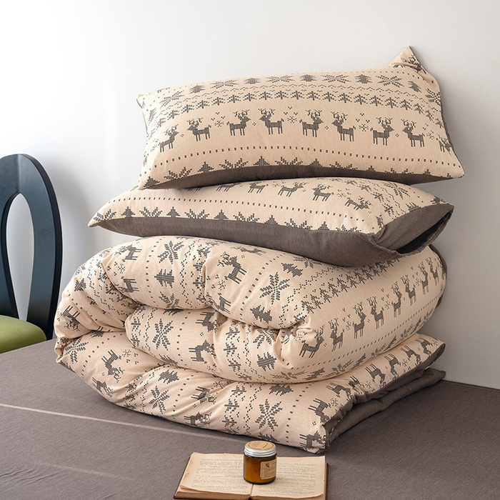 91家纺网 家纺一手货源 找家纺 竹合家纺 2025秋冬新款加厚磨毛色织暖绒系列针织四件套高克重麋鹿森林