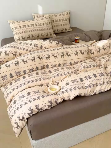 91家纺网 家纺一手货源 找家纺 竹合家纺 2025秋冬新款加厚磨毛色织暖绒系列针织四件套高克重麋鹿森林