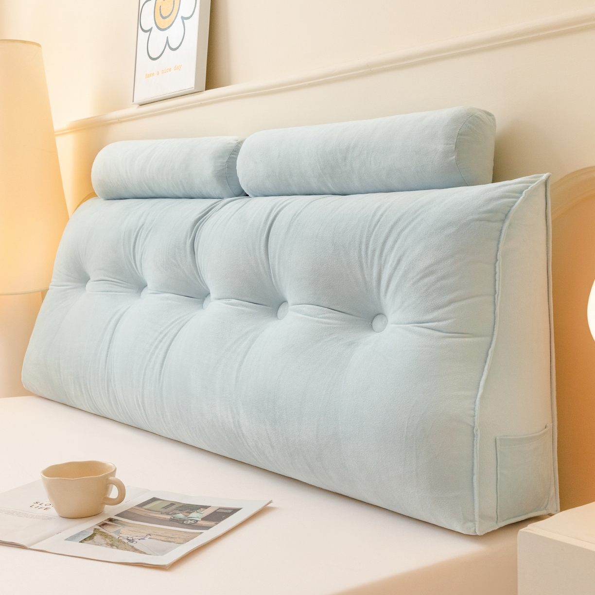 91家纺网 家纺一手货源 找家纺 碧尔家居 2025新款荷兰绒弯型三角+头枕床头靠背 天蓝