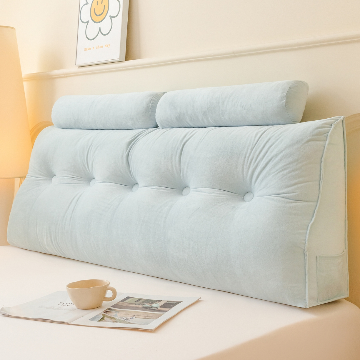 91家纺网 家纺一手货源 找家纺 碧尔家居 2025新款荷兰绒弯型三角+头枕床头靠背 天蓝