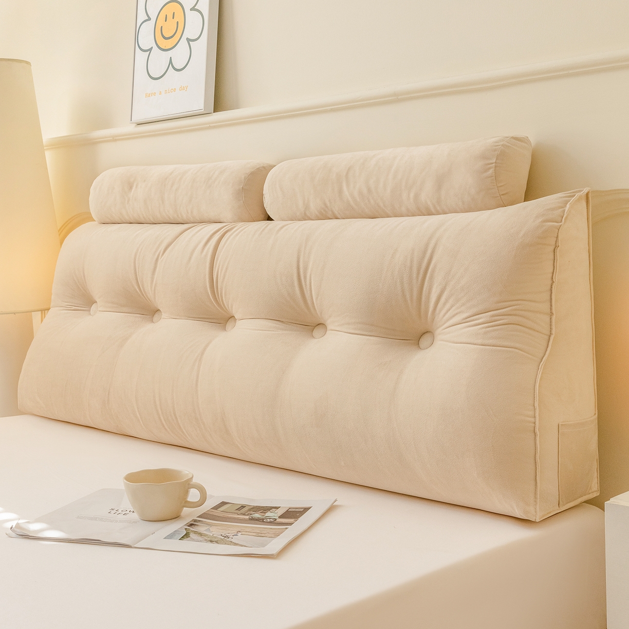 碧尔家居 2025新款荷兰绒弯型三角+头枕床头靠背 香槟